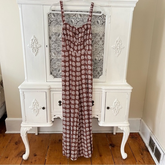 NWT Urban Outfitters Ecote Lovas
Linen Brown Patterned Strappy
Back Jumpsuit - Picture 1 of 15
